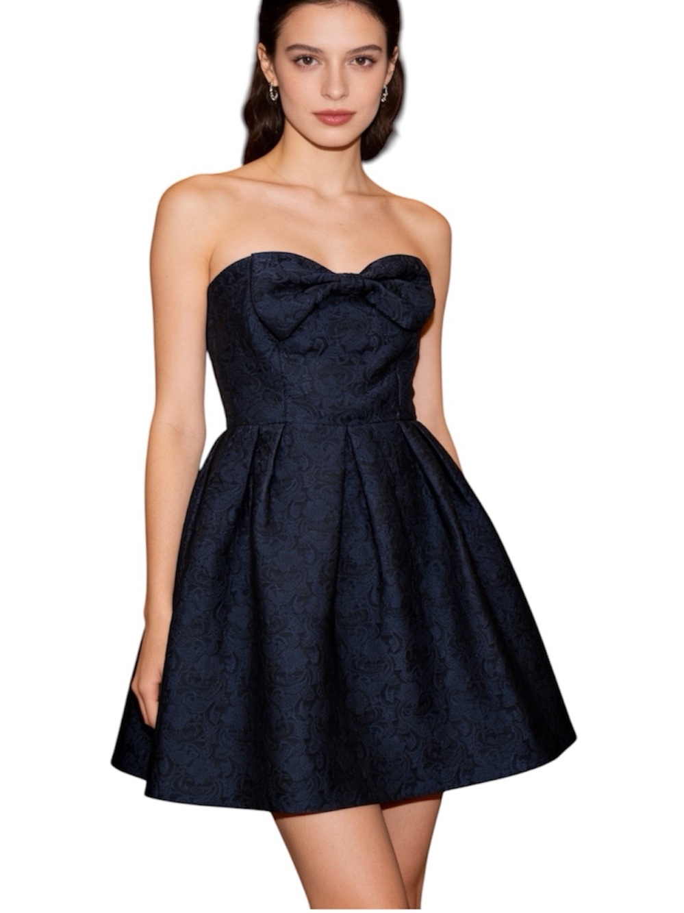 Pink Owl Strapless Navy Jacquard Bow Party Dress size M